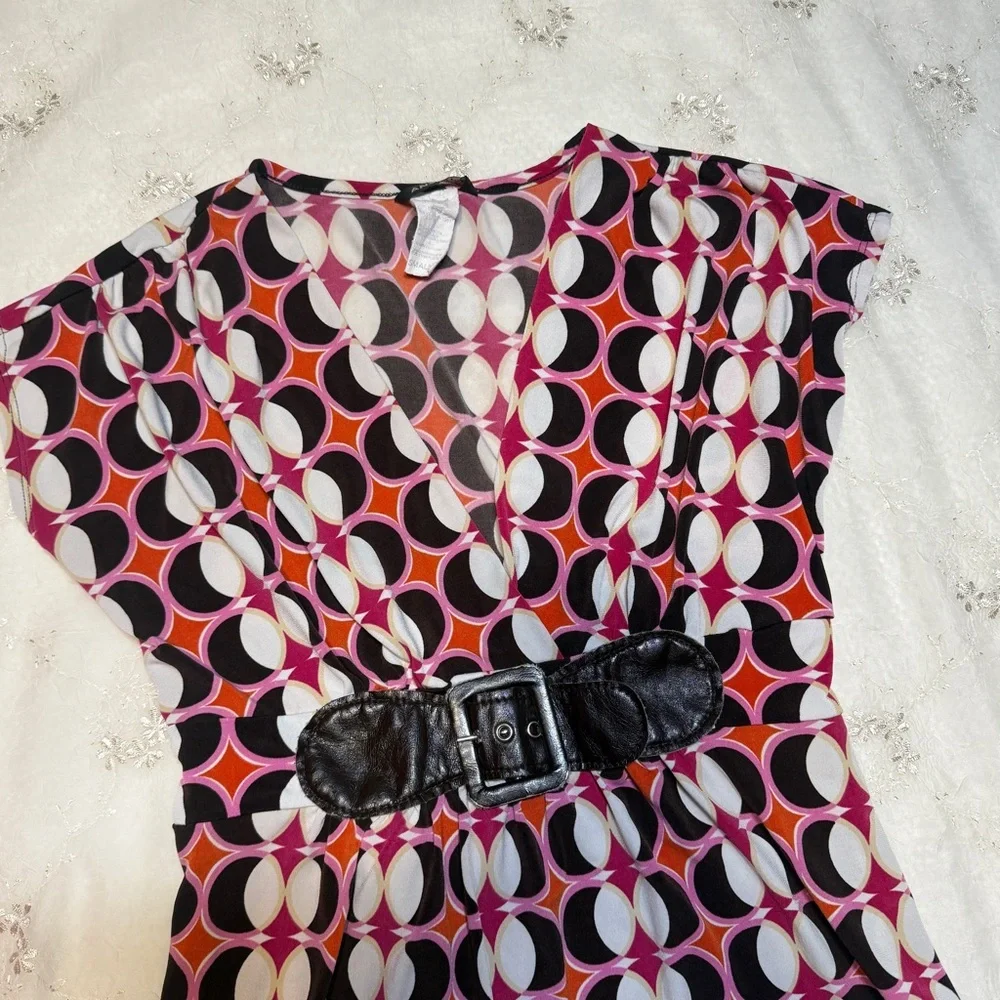 Vintage Y2K Anxiety Geometric Belted Tie Waist Top – Size Small - Picture 2 of 7